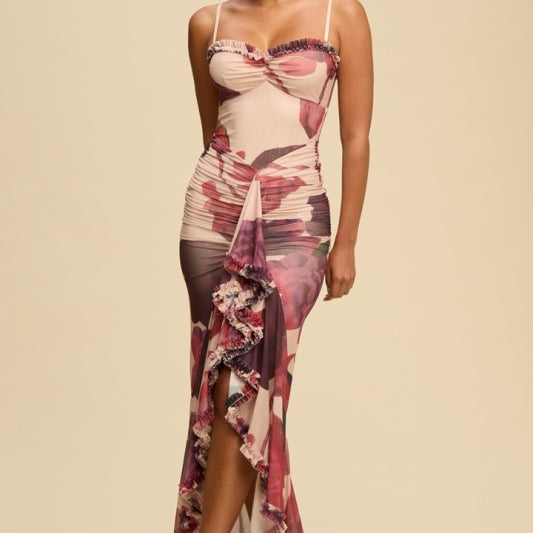 Le Fleur Mesh Ruffle Gown