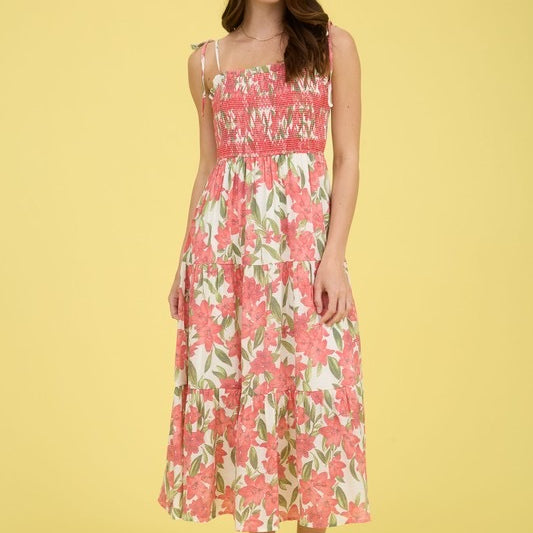 Floral Smocked Spaghetti Tie Tiered Midi Dress