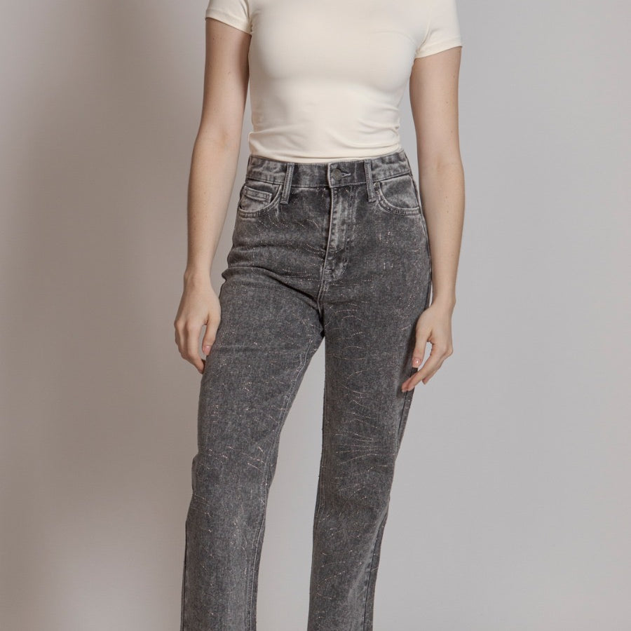 Pantalón Mezclilla Corte Wide Leg Edición Especial c Adornos de Metal BL7168