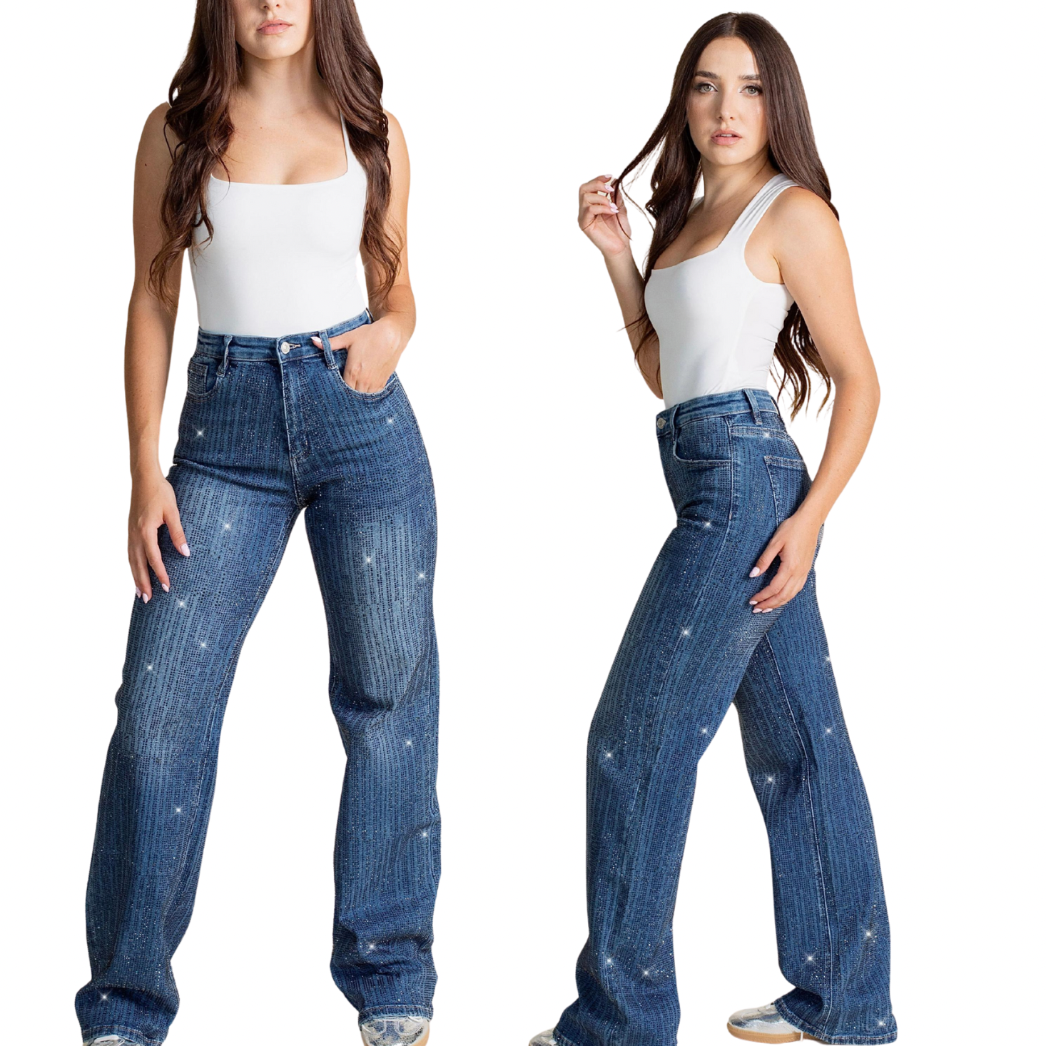Pantalón Mezclilla Corte Wide Leg Brillos JE2439