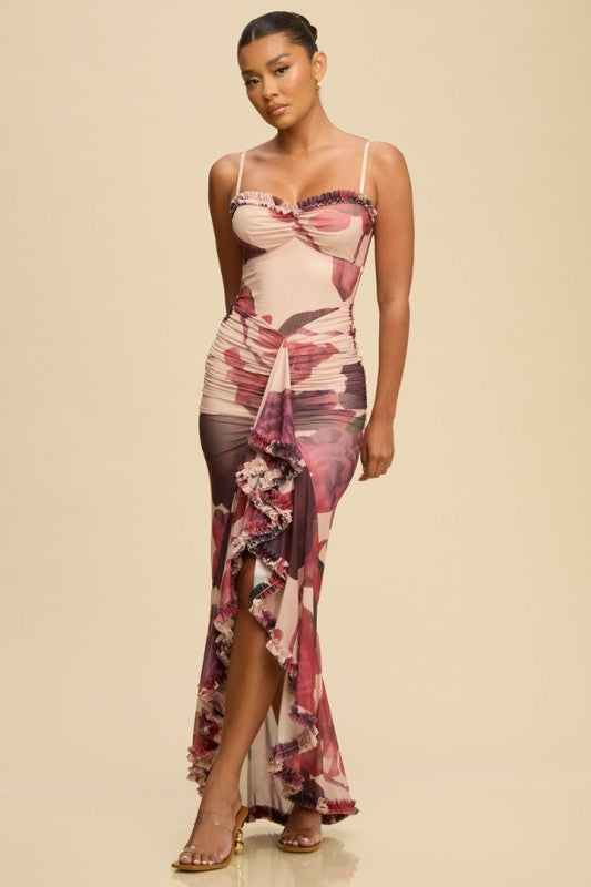 Le Fleur Mesh Ruffle Gown