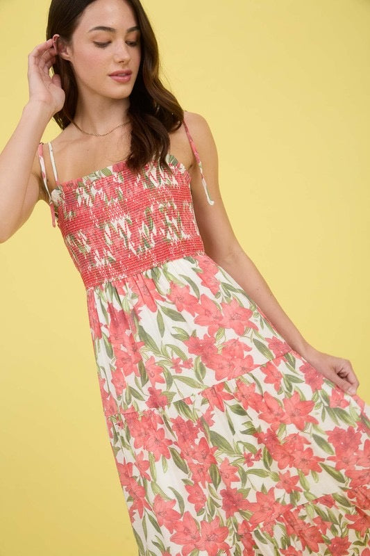 Floral Smocked Spaghetti Tie Tiered Midi Dress