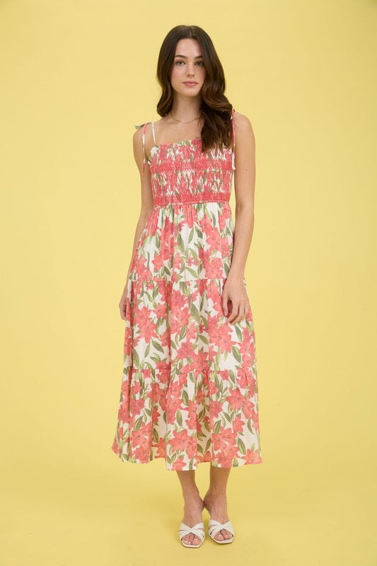 Floral Smocked Spaghetti Tie Tiered Midi Dress