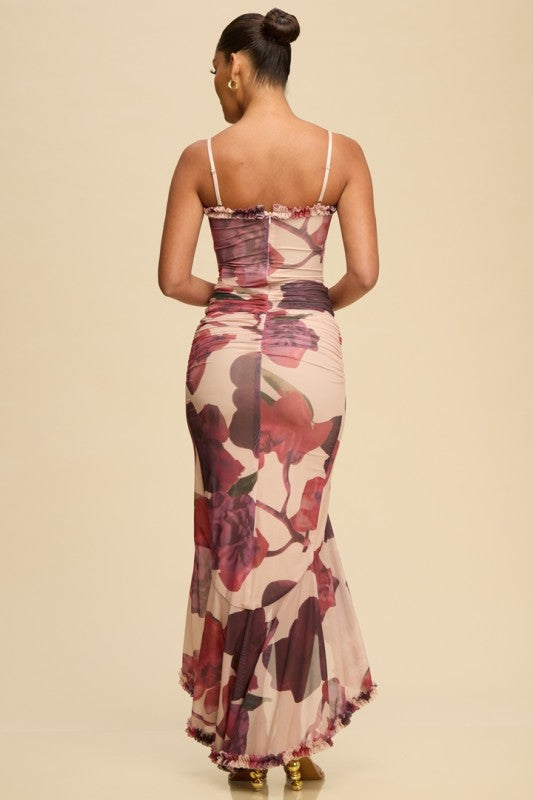 Le Fleur Mesh Ruffle Gown