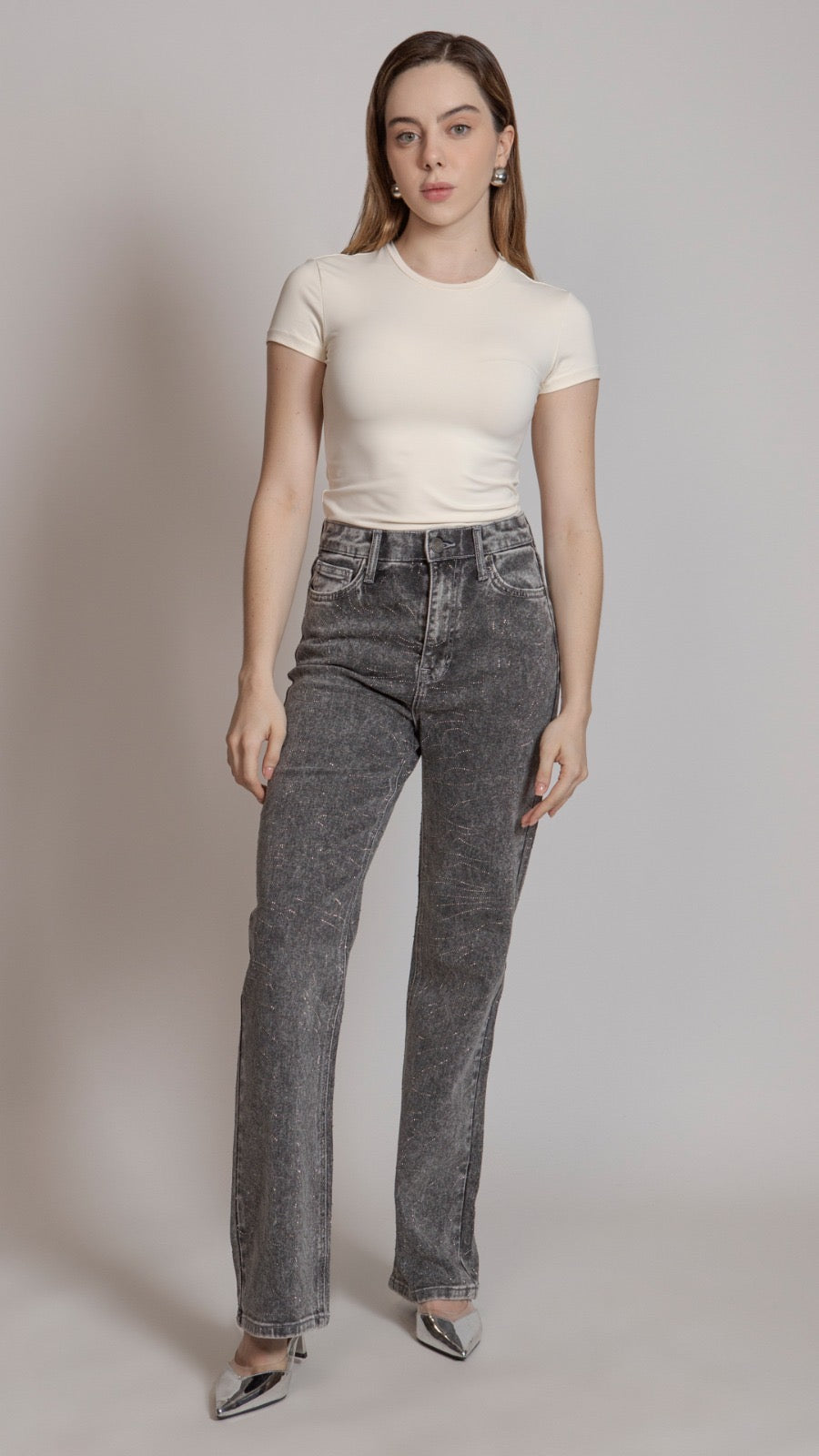 Pantalón Mezclilla Corte Wide Leg Edición Especial c Adornos de Metal BL7168