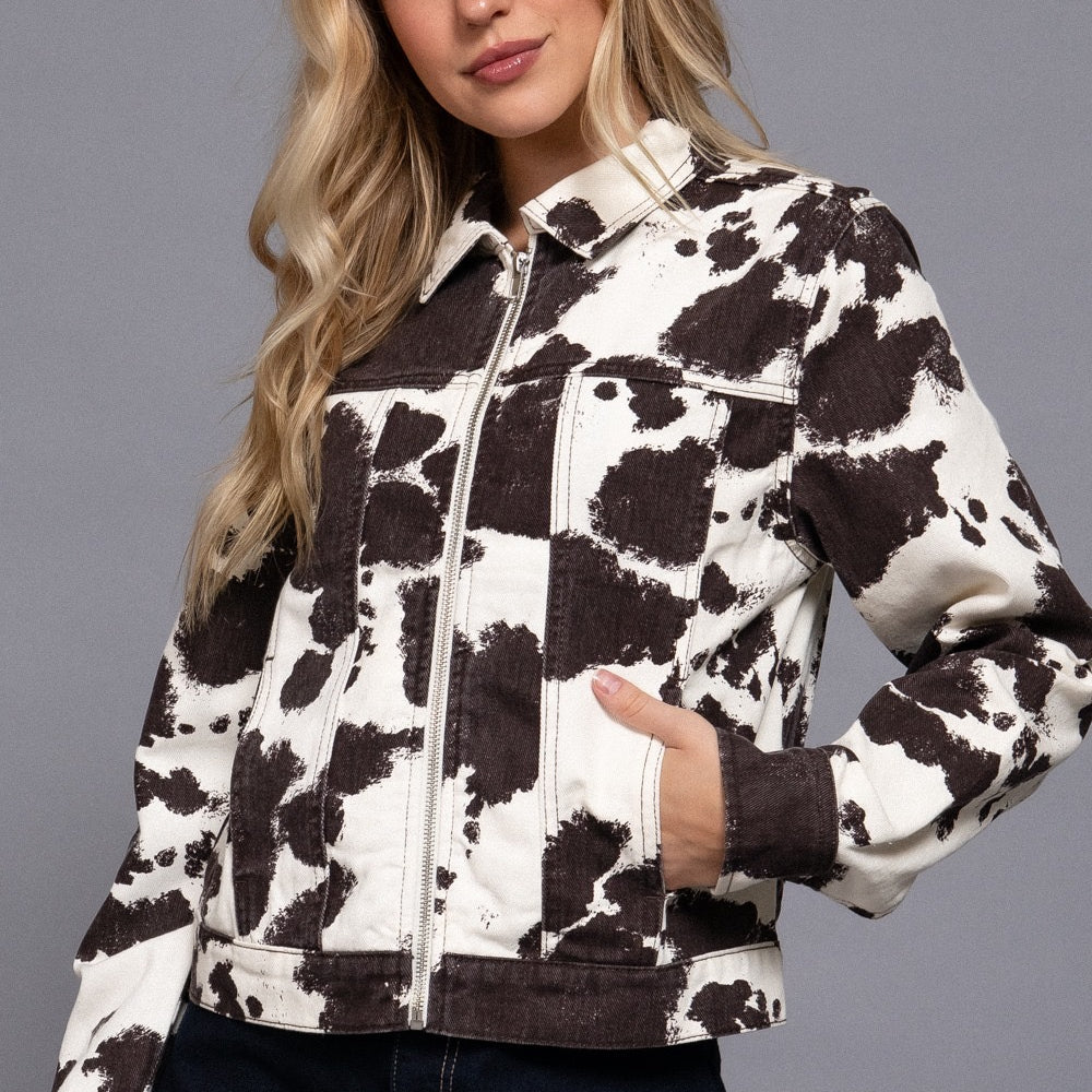 Cow Print Zip Front Denim Jacket Active Basic