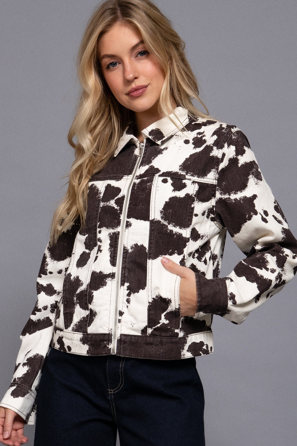 Cow Print Zip Front Denim Jacket Active Basic