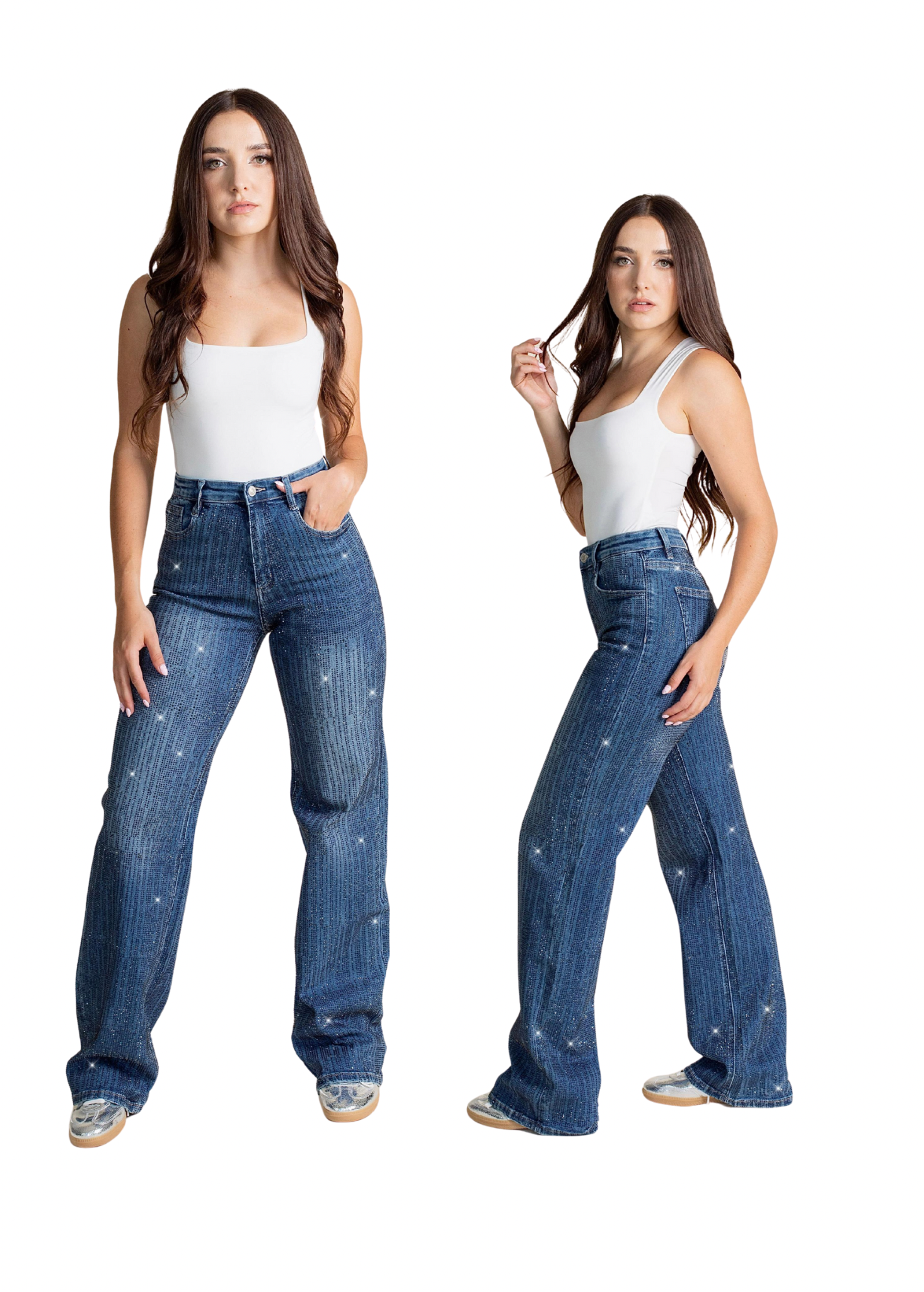 Pantalón Mezclilla Corte Wide Leg Brillos JE2439