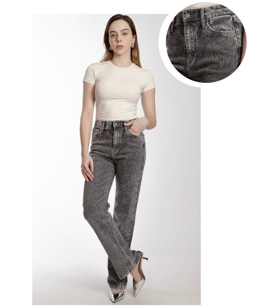 Pantalón Mezclilla Corte Wide Leg Edición Especial c Adornos de Metal BL7168
