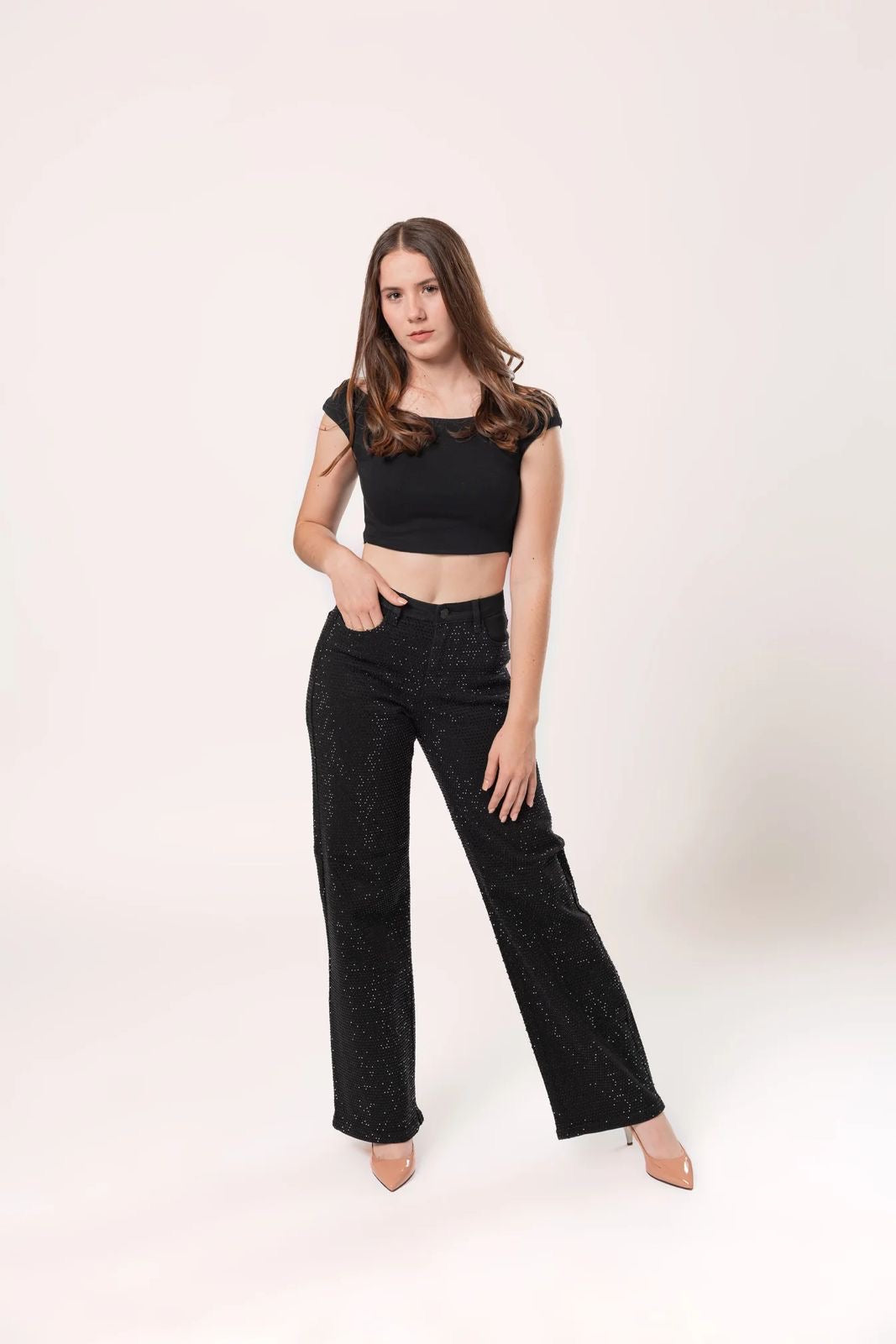 Pantalón de Mujer con Brillos Doux Jeans Wide Leg Modelo DXD0515 ✨