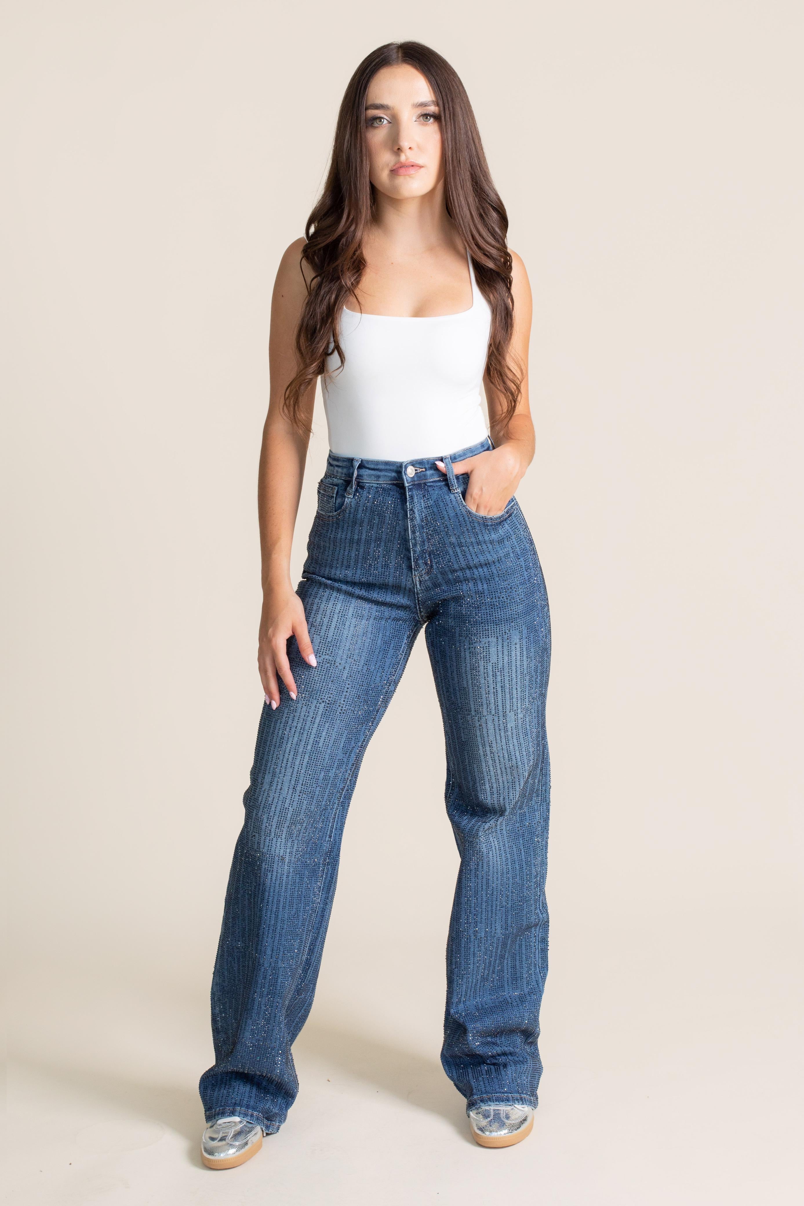 Pantalón Mezclilla Corte Wide Leg Brillos JE2439