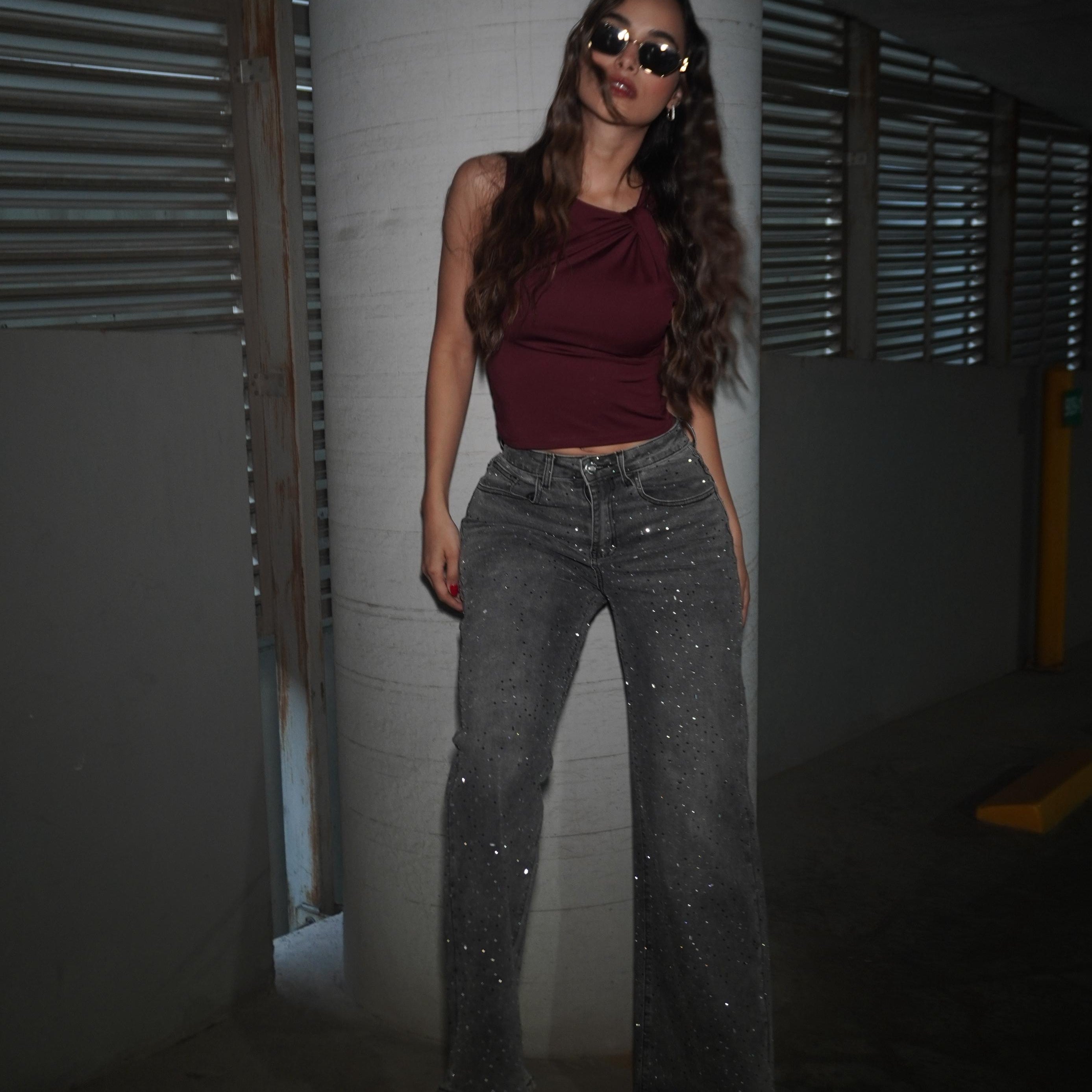 Pantalón Mezclilla Corte Wide Leg Tiro Alto Strech Ligero Edición Limitada HY004